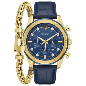yz uo Y rv ANZT[ Bulova Men's Gold Tone Stainless Steel Chronograph Diamond Blue Leather Watch & Bracelet Box Set - 98K110 Blue