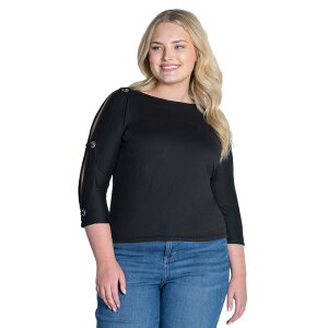 24 �Z�u���R���t�H�[�g ���f�B�[�X �g�b�v�X T�V���c �v���X�T�C�Y Plusize 24Seven Comfort Apparel Boatneck 3/4-Sleeve Grommet Detailed Top Black �u���b�N