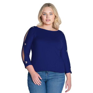 24 �Z�u���R���t�H�[�g ���f�B�[�X �g�b�v�X T�V���c �v���X�T�C�Y Plusize 24Seven Comfort Apparel Boatneck 3/4-Sleeve Grommet Detailed Top Navy �l�C�r�[