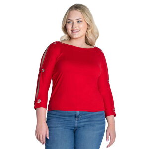 24 �Z�u���R���t�H�[�g ���f�B�[�X �g�b�v�X T�V���c �v���X�T�C�Y Plusize 24Seven Comfort Apparel Boatneck 3/4-Sleeve Grommet Detailed Top Red ���b�h