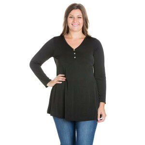 24 �Z�u���R���t�H�[�g ���f�B�[�X �g�b�v�X T�V���c V�l�b�N �v���X�T�C�Y 24Seven Comfort Apparel Plusize 24Seven Comfort Long Sleeve V-Neck Henley Tunic Top Black �u���b�N