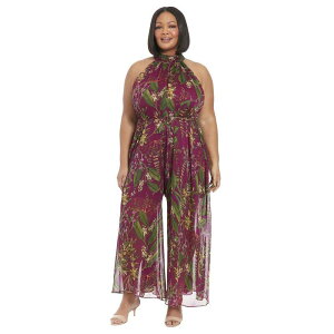 yz h^CX fB[X s[X gbvX Plus Size London Times Ruched Collar Halter Neck Wide Leg Jumpsuit Plum