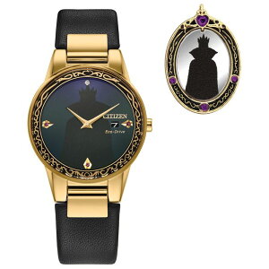 yz V`Y fB[X rv ANZT[ Disney's Villians Evil Queen Citizen Women's Eco-Drive Gold Tone Stainless Steel Black Leather Strap Watch & Pin Box Set Black