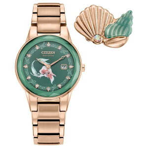 V`Y fB[X ANZT[ rv TVc Disney's Ariel Citizen Women's Eco-Drive Rose Gold Tone Stainlessteel Crystal Accent Green Dial Bracelet Watch & Pin Box Set Rosegold O[