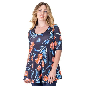 24 �Z�u���R���t�H�[�g ���f�B�[�X �g�b�v�X T�V���c �v�����g Women's 24Seven Comfort Apparel Black Tuliprint Elbow Sleeve Tunic Top Navy Multi �l�C�r�[