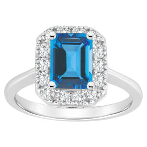 yz Celebration Gems fB[X O ANZT[ Celebration Gems Sterling Silver Emerald Cut Gemstone Halo Ring Blue Topaz