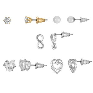 yz Aufbh fB[X sAXECO ANZT[ Two-Tone Cubic Zirconia & Simulated Pearl Stud Earrings 5-pack Set Silver Tone Clear