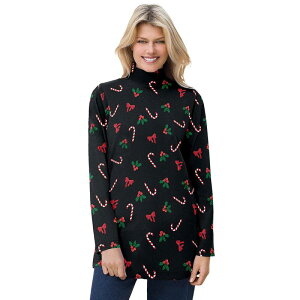�E�[�}�� �E�B�Y�C�� ���f�B�[�X �g�b�v�X T�V���c ���b�N�l�b�N �v���X�T�C�Y ���� Woman Within Women's Plusize Mockneck Long-Sleeve Tunic Black Mistletoe �u���b�N
