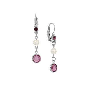 yz 1928 fB[X sAXECO ANZT[ 1928 Silver Tone Faux Pearl & Round Purple Gemstone Leverback Drop Earrings Purple