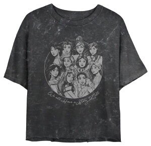 �f�B�Y�j�[ ���f�B�[�X �g�b�v�X T�V���c �N���b�v�h �O���t�B�b�N Disney Princess Mulan Belle Cinderella Pocahontas Jasmine Ariel Snowhite Rapunzel Aurora & Tiana We All Have A Story To Tell Juniors' Cropped Graphic Tee Black �u
