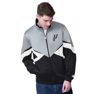 yz X^[^[ Y WPbgEu] AE^[ Men's Starter Silver/Black San Antonio Spurs Rush Applique Full-Zip Track Jacket Spr Silver