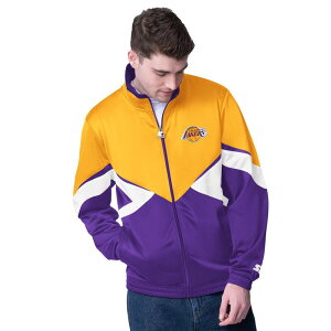 yz X^[^[ Y WPbgEu] AE^[ Men's Starter Gold/Purple Los Angeles Lakers Rush Applique Full-Zip Track Jacket Lak Gold