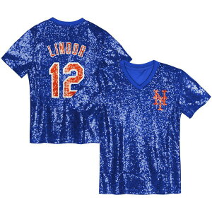 �A�E�^�[�X�^�b�t ���f�B�[�X �g�b�v�X T�V���c V�l�b�N �X�p���R�[�� Outerstuff Juniors Francisco Lindoroyal New York Mets Name & Number Sequin V-Neck Top Met Blue �u���[