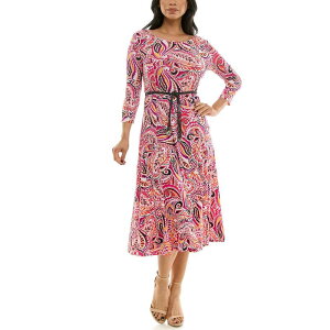 �j�i���I�i���h ���f�B�[�X �g�b�v�X �����s�[�X �~�f�B Women's Nina Leonard Sylvia Three-Quarter Sleeve Belted Midi Dress Black White Combo �z���C�g