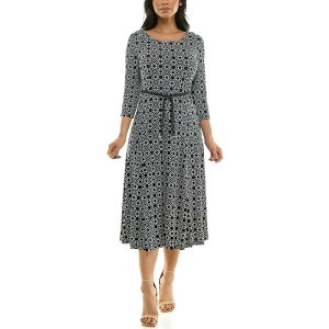 �j�i���I�i���h ���f�B�[�X �g�b�v�X �����s�[�X �~�f�B Women's Nina Leonard Sylvia Three-Quarter Sleeve Belted Midi Dress Black Ivory �A�C�{���[