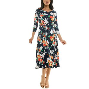 �j�i���I�i���h ���f�B�[�X �g�b�v�X �����s�[�X �~�f�B Women's Nina Leonard Sylvia Three-Quarter Sleeve Belted Midi Dress Navy Multi Mix �l�C�r�[