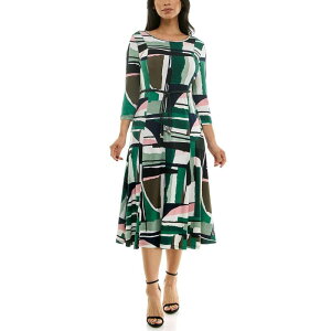 �j�i���I�i���h ���f�B�[�X �g�b�v�X �����s�[�X �~�f�B Women's Nina Leonard Sylvia Three-Quarter Sleeve Belted Midi Dress Pine Multi �}���`�J���[