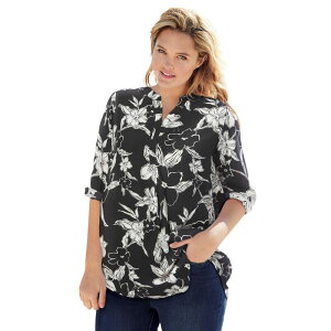 �E�[�}�� �E�B�Y�C�� ���f�B�[�X �g�b�v�X T�V���c �v���X�T�C�Y Woman Within Women's Plusize Rayon 7-Day Three-Quarter Sleeve Tab-Frontunic Black White Graphic �z���C�g