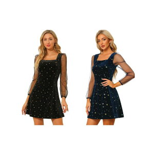 �A���O�� �P�[ ���f�B�[�X �g�b�v�X �����s�[�X ���b�V�� �x���x�b�g �V�A�[ ALLEGRA K 2 Packs Women's Mesheer Long Sleeve Square Neck Velvet Star Prom Dress Black Deep Blue �u���b�N