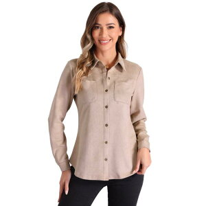 AO P[ fB[X gbvX Vc XG[h WPbg ALLEGRA K Faux Suede Shirt for Women'stretch Long Sleeve Button Up Casual Shirts Jacket Beige x[W