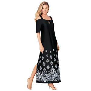 ���A�}���Y ���f�B�[�X �g�b�v�X �����s�[�X �v���X�T�C�Y �v�` �}�L�V Roaman's Women's Plusize Petite Ultrasmooth Fabricold-Shoulder Maxi Dress Black Damask Border �u���b�N