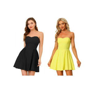 �A���O�� �P�[ ���f�B�[�X �g�b�v�X �����s�[�X �~�j �X�g���b�v���X ALLEGRA K 2 Packs Women's Prom Strapless Exposed Zipper Mini Flare Tube Top Dress Black Yellow �u���b�N