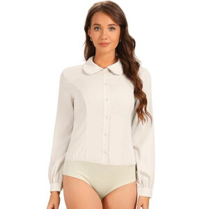 �A���O�� �P�[ ���f�B�[�X �g�b�v�X �V���c �u���E�X ALLEGRA K Women's Peter Pen Collar Button Up Long Sleeve Business Work Shirt Blouse Beige �x�[�W��