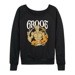 �}�[�x�� ���f�B�[�X �g�b�v�X T�V���c �p�C�� Women's Marvel Guardians of the Galaxy Groot Peace Flowers French Terry Long Sleeve Tee Black �u���b�N