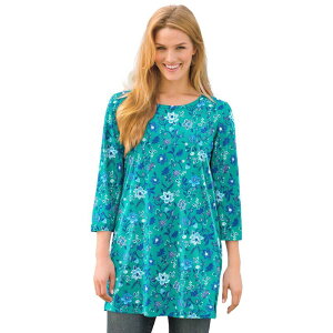 �E�[�}�� �E�B�Y�C�� ���f�B�[�X �g�b�v�X T�V���c �v���X�T�C�Y �v�����g Woman Within Women's Plusize Perfect Printed Three-Quarter-Sleeve Scoopneck Tunic Pretty Jade Jacquard