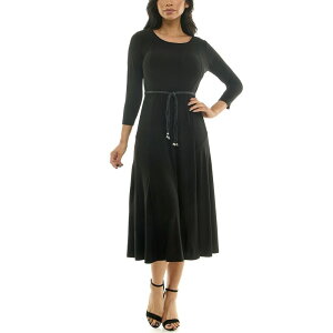 �j�i���I�i���h ���f�B�[�X �g�b�v�X �����s�[�X �~�f�B Women's Nina Leonard Sylvia Three-Quarter Sleeve Belted Midi Dress Black �u���b�N