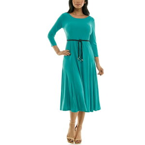 �j�i���I�i���h ���f�B�[�X �g�b�v�X �����s�[�X �~�f�B Women's Nina Leonard Sylvia Three-Quarter Sleeve Belted Midi Dress Peacock