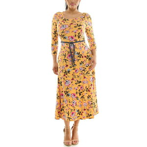 �j�i���I�i���h ���f�B�[�X �g�b�v�X �����s�[�X �~�f�B Women's Nina Leonard Sylvia Three-Quarter Sleeve Belted Midi Dressunflower Multi �}���`�J���[