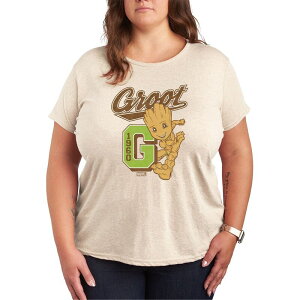 �}�[�x�� ���f�B�[�X �g�b�v�X T�V���c �v���X�T�C�Y �O���t�B�b�N Marvel Plusize Guardians of the Galaxy Groot Collegiate Graphic Tee Beige �x�[�W��