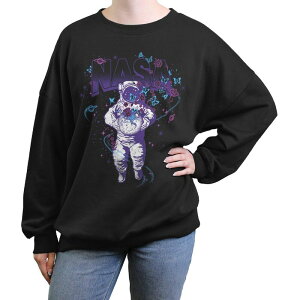 �A�j���L�����N�^�[ ���f�B�[�X �g�b�v�X T�V���c �t�����[�� �t�����[ �O���t�B�b�N Licensed Character Juniors' Nasa Floral Spaceman Oversized Graphic Pullover Black �u���b�N