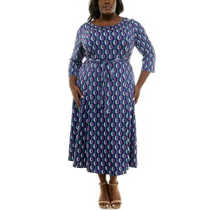 �j�i���I�i���h ���f�B�[�X �g�b�v�X �����s�[�X �v���X�T�C�Y �~�f�B Plusize Nina Leonard Sylvia Midi Dress with Sash Belt Ice Blue Teal Multi �u���[