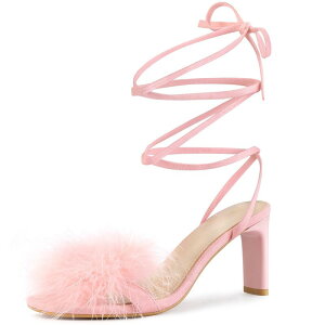 �A���O�� �P�[ ���f�B�[�X �V���[�Y �p���v�X �T���_�� ���[�X �q�[�� ALLEGRA K Women's Faux Fur Slingback Block Heels Lace Up Sandals Pink �s���N