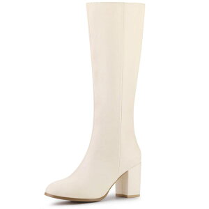 �A���O�� �P�[ ���f�B�[�X �V���[�Y �u�[�c�E���C���u�[�c �q�[�� ALLEGRA K Women's Round Toe Zip Block Heels Knee High Boots Cream White �z���C�g