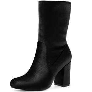 �A���O�� �P�[ ���f�B�[�X �V���[�Y �u�[�c�E���C���u�[�c �x���x�b�g �q�[�� ALLEGRA K Women's Velvet Round Toe Block Heels Foldable Mid Calf Boots Black �u���b�N