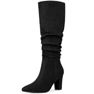 �A���O�� �P�[ ���f�B�[�X �V���[�Y �u�[�c�E���C���u�[�c �q�[�� ALLEGRA K Women'slouch Pointed Toe Chunky Heel Knee High Boots Black �u���b�N