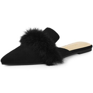 yz AO P[ fB[X T_ V[Y Women's Pointed Toe Faux Fur Slip on Flat Slide Mules Black