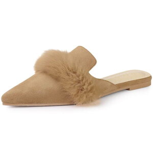 yz AO P[ fB[X T_ V[Y Women's Pointed Toe Faux Fur Slip on Flat Slide Mules Khaki