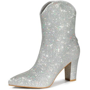�A���O�� �P�[ ���f�B�[�X �V���[�Y �u�[�c�E���C���u�[�c �q�[�� ALLEGRA K Women's Glitter V Shape Pointy Toe Back Zipper Block Heels Mid Calf Bootsilver �V���o�[