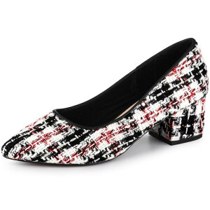 �A���O�� �P�[ ���f�B�[�X �V���[�Y �p���v�X �v�����g �c�C�[�h �j�b�g �q�[�� ALLEGRA K Women's Pointy Toe Tweed Plaid Knitted Printed Chunky Heels Pumps Red Black �u���b�N