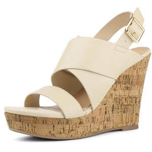yz AO P[ fB[X T_ V[Y Women's Wood Strappy Platform Wedge Sandals Beige