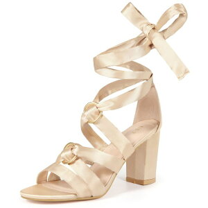 �A���O�� �P�[ ���f�B�[�X �V���[�Y �p���v�X �T���_�� �T�e�� ���[�X �q�[�� ALLEGRA K Women'strappy Lace Up Satin Block Heel Sandals Champagne �V�����p��