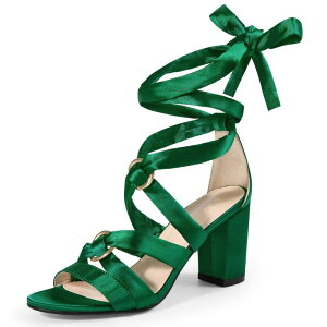 �A���O�� �P�[ ���f�B�[�X �V���[�Y �p���v�X �T���_�� �T�e�� ���[�X �q�[�� ALLEGRA K Women'strappy Lace Up Satin Block Heel Sandals Dark Green �O���[��