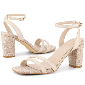【送料無料】 アレグラ ケー レディース パンプス シューズ Women's Square Toe Strappy Linen Slingback Chunky Heels Sandals Beige