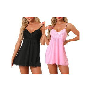 cheibear ���f�B�[�X �A���_�[�E�F�A �i�C�g�E�F�A V�l�b�N �m�[�X���[�u ���[�X cheibear 2 Pack Womens Nightgown V-neck Sleepwear Lace Sleeveless Nightwear Black Pink �u���b�N