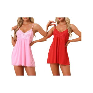 yz cheibear fB[X iCgEFA A_[EFA 2 Pack Womens Nightgown V-neck Sleepwear Lace Sleeveless Nightwear Pink Red