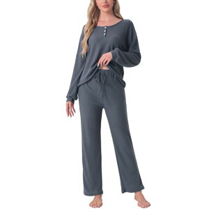 cheibear ���f�B�[�X �A���_�[�E�F�A �i�C�g�E�F�A �j�b�g cheibear Womens Pajama Set Waffle Knit Lounge Long Sleeve 2 Piece PJ'set Sweatsuit Outfits Dark Gray �O���[